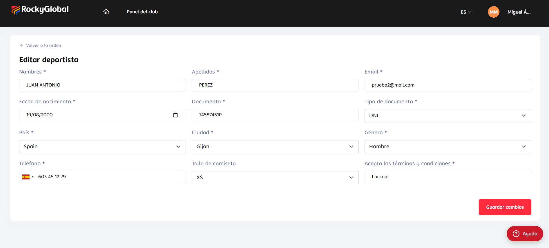 Screen "Edit athlete" with the registration form already loaded