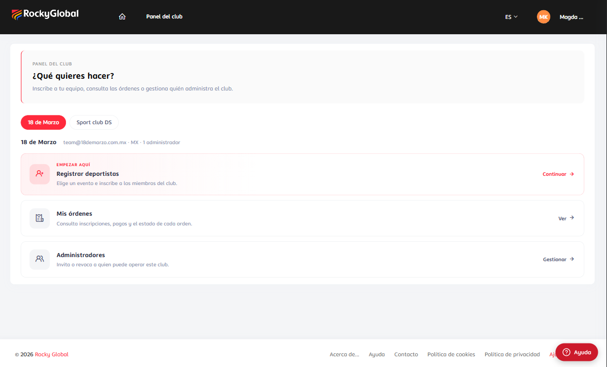 Club dashboard with the club card and its options: Register athletes, My orders and Administrators