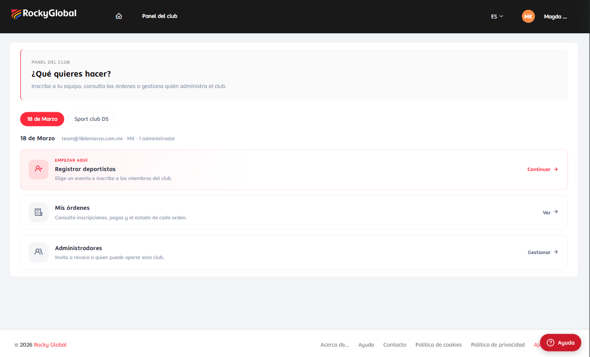 Club dashboard with the club card and its options: Register athletes, My orders and Administrators