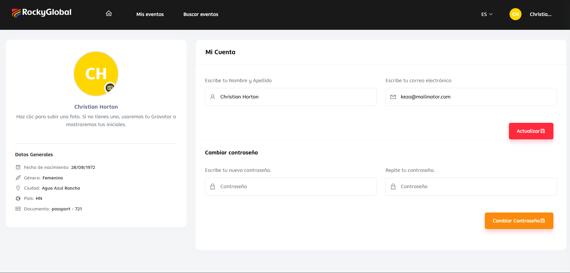 Athlete "My Account" page: profile photo and read-only General Information on the left; name/email form and password change on the right