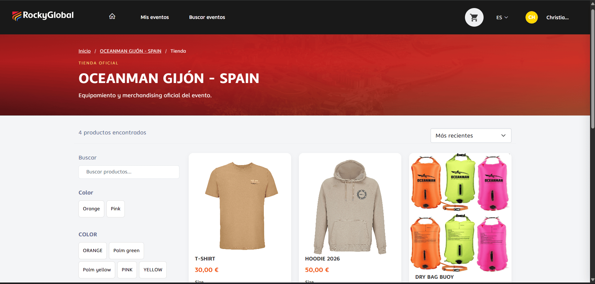 Tienda del evento con el listado de productos disponibles