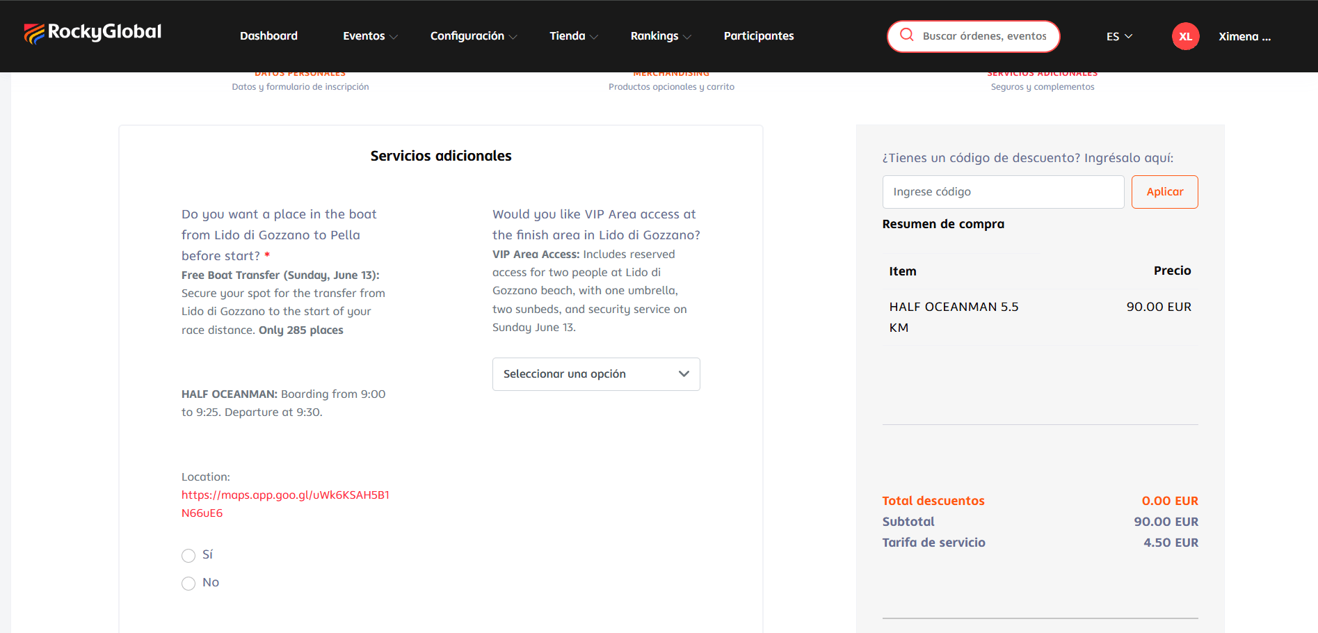 The "Additional services" screen with optional add-ons, discount code field, and purchase summary