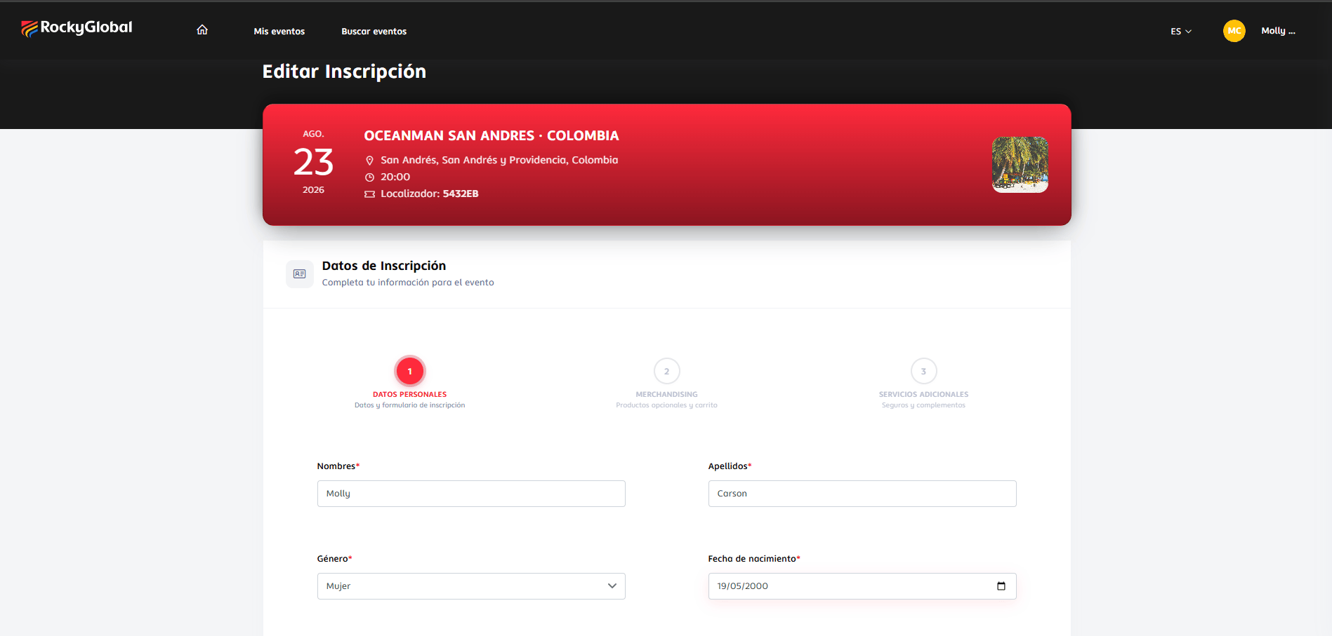 Registration edit screen with the available change options