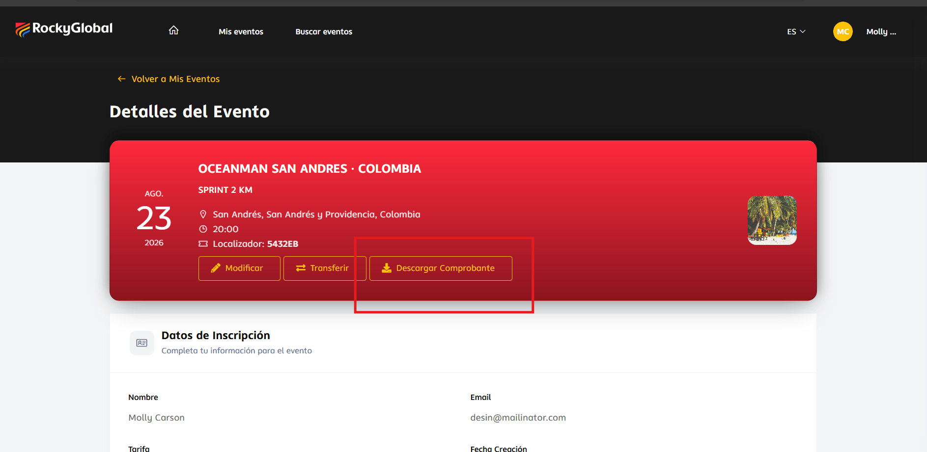 Detalle de la inscripción con el botón "Descargar Comprobante"