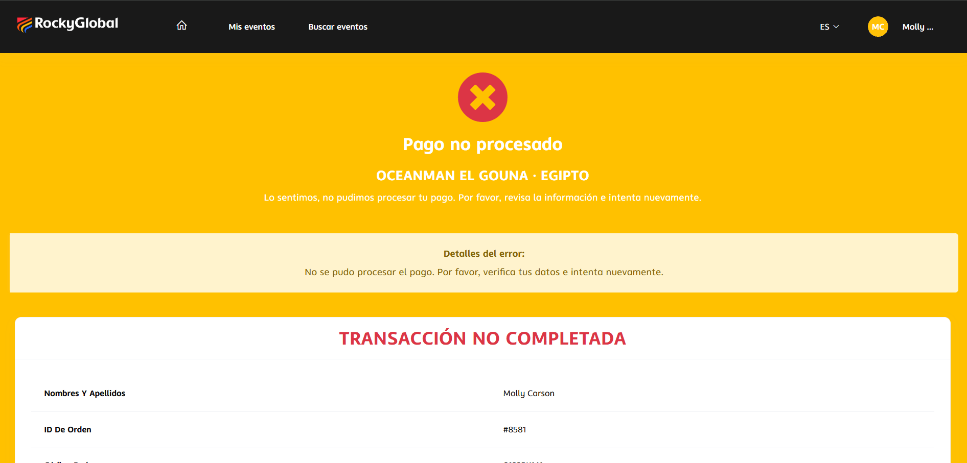 The "failed transaction" screen after an unprocessed payment
