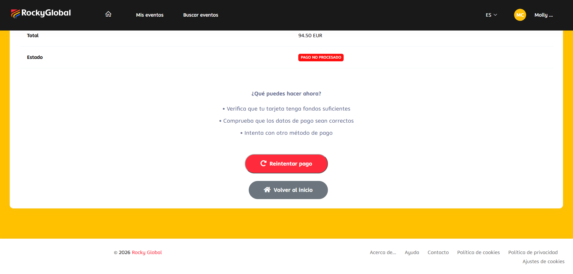 Screen to retry a registration's payment
