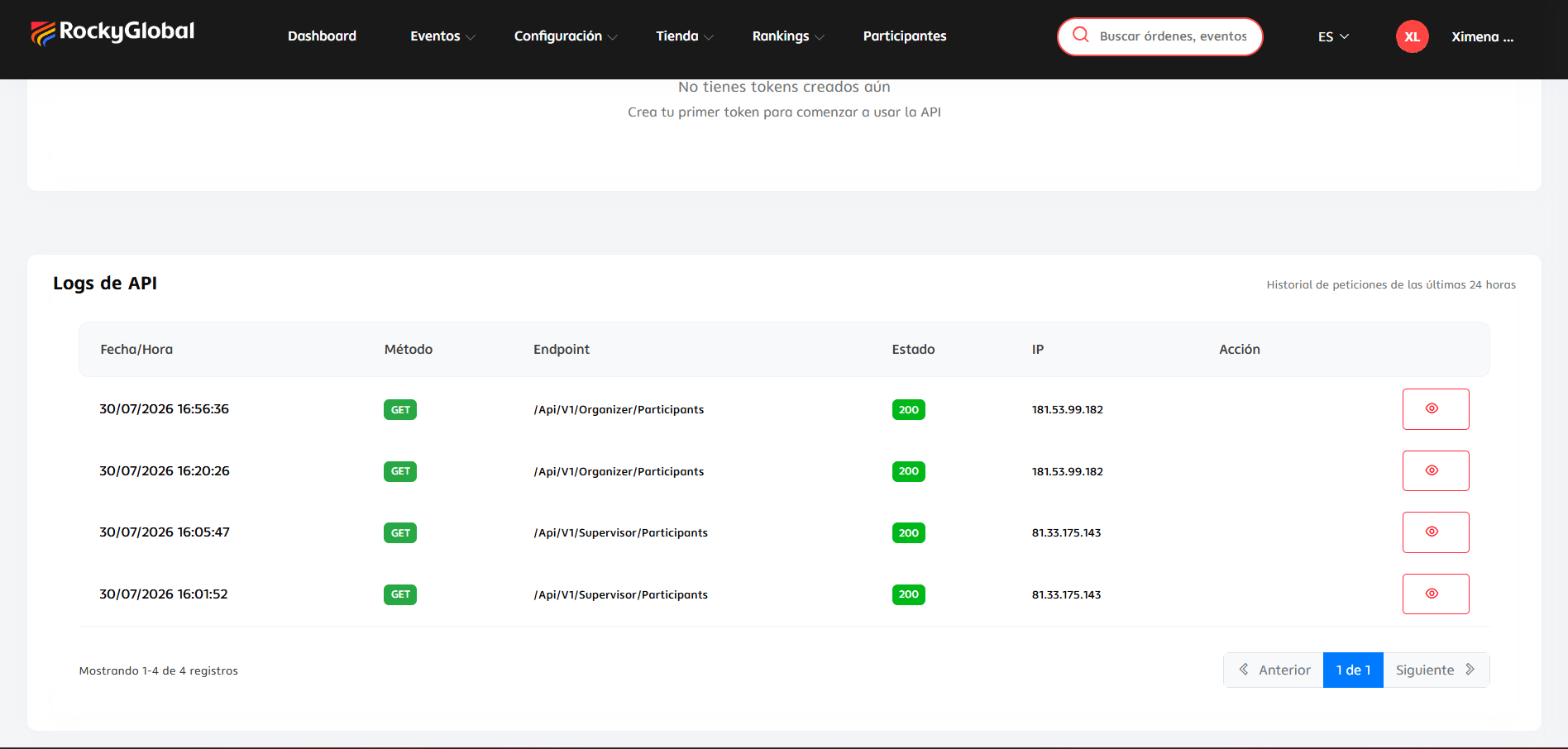 API usage logs screen with the detail of each request