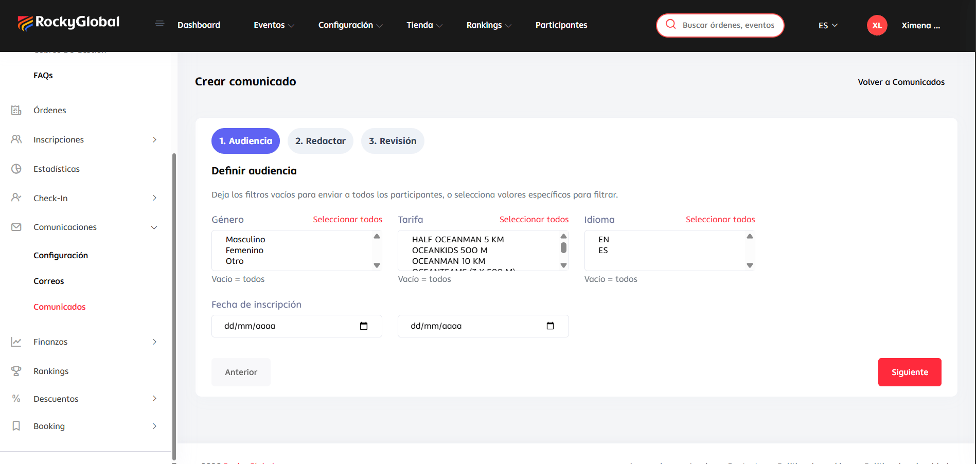 The "Announcements" screen with the filtered audience and the bulk email editor