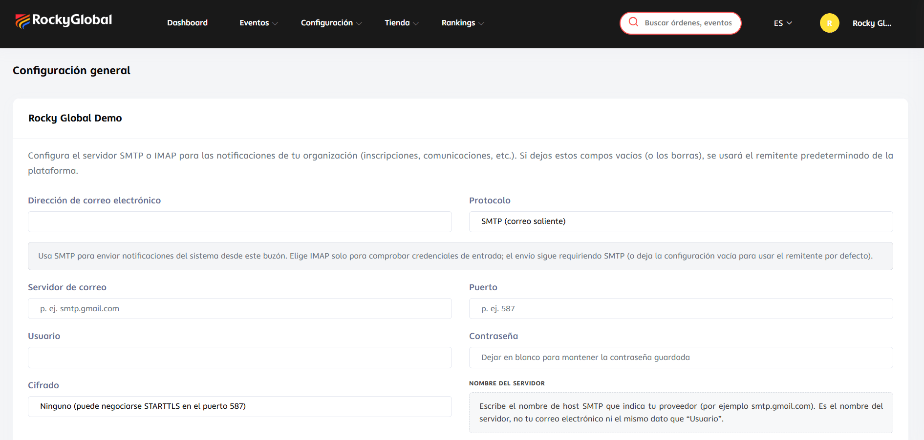 The "Settings → General" screen with the custom SMTP server fields