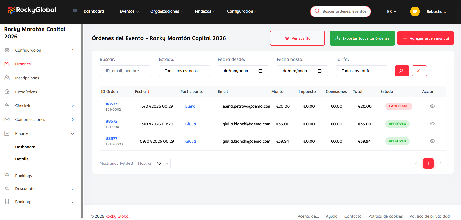 The "Orders" screen with the event's transaction list