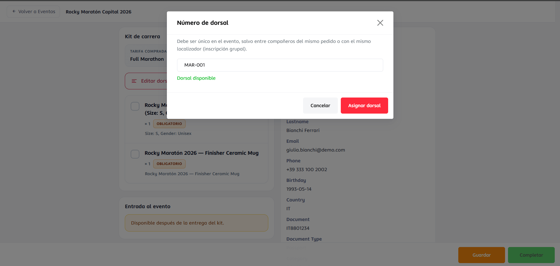 Pantalla de check-in con la búsqueda por localizador y la configuración del dorsal de la inscripción