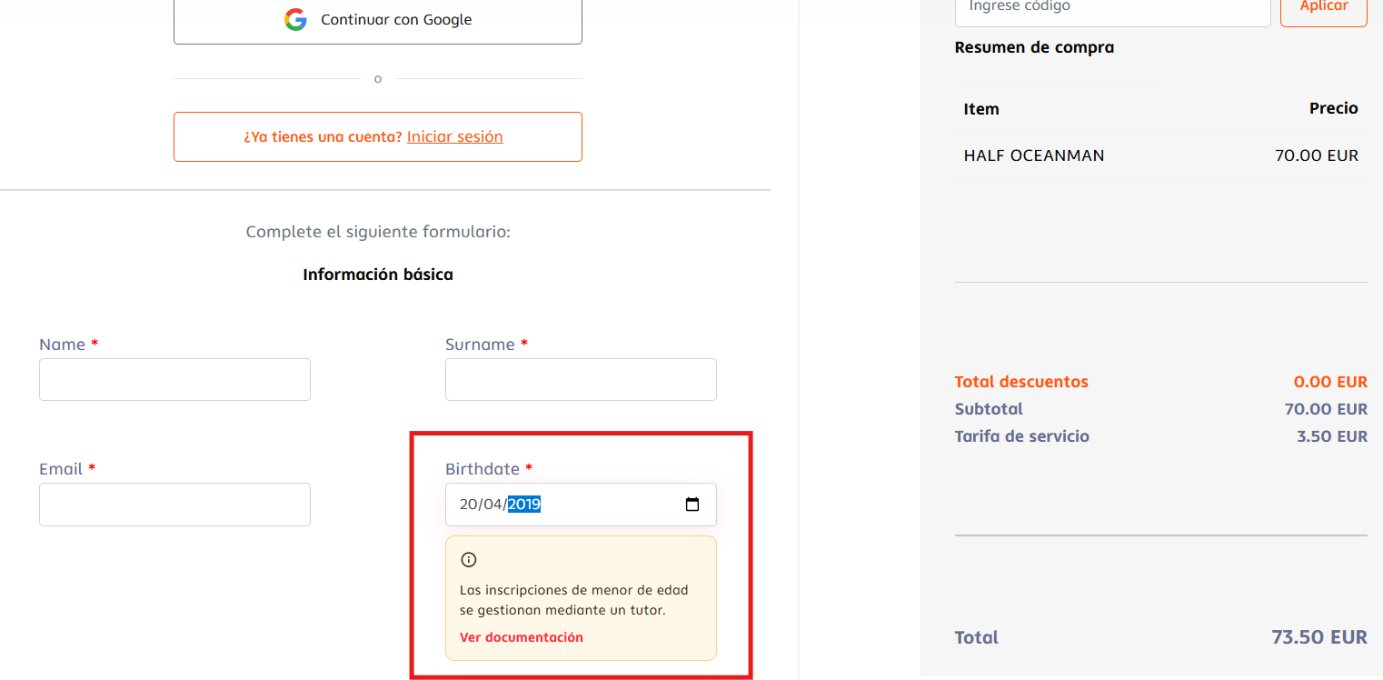 Aviso de menor de edad en el formulario de checkout, junto al campo de fecha de nacimiento