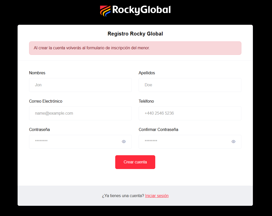 Formulario de inscripción abierto desde la cuenta del tutor