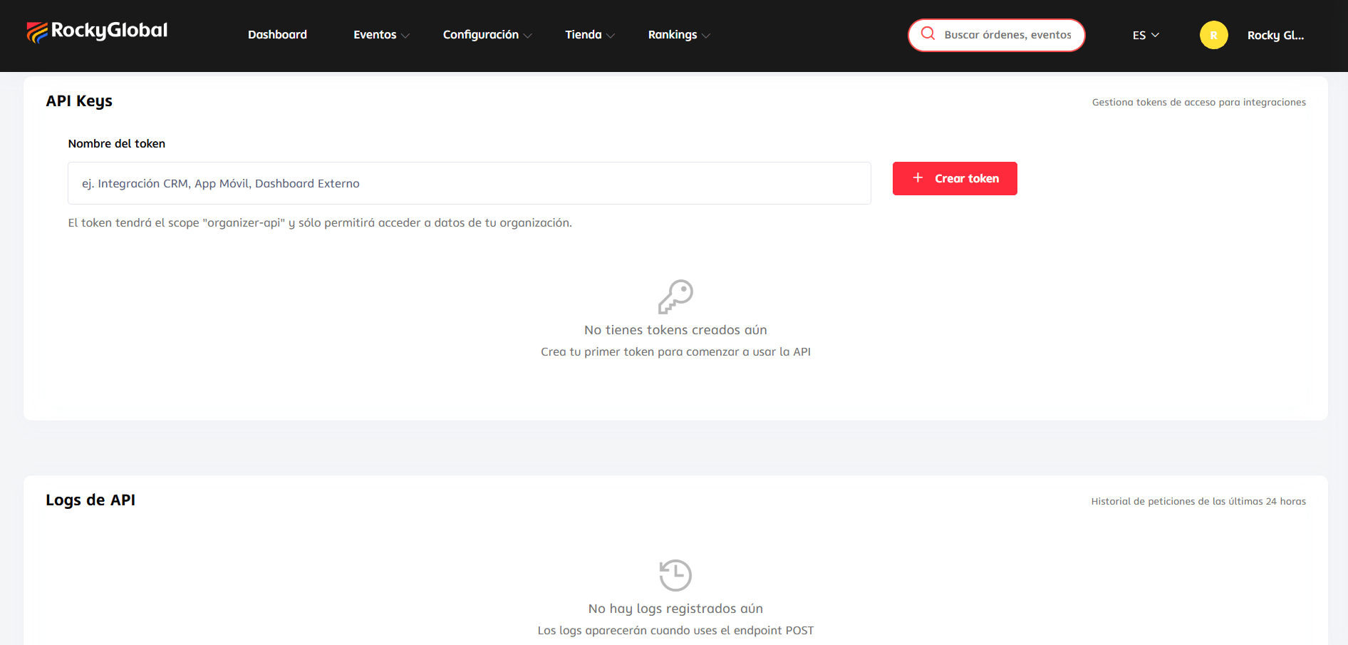 API Keys screen: create token and view usage logs