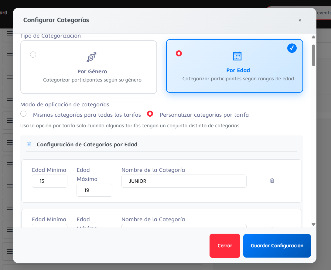 Modal "Configurar Categorías" con el tipo "Por Edad" seleccionado