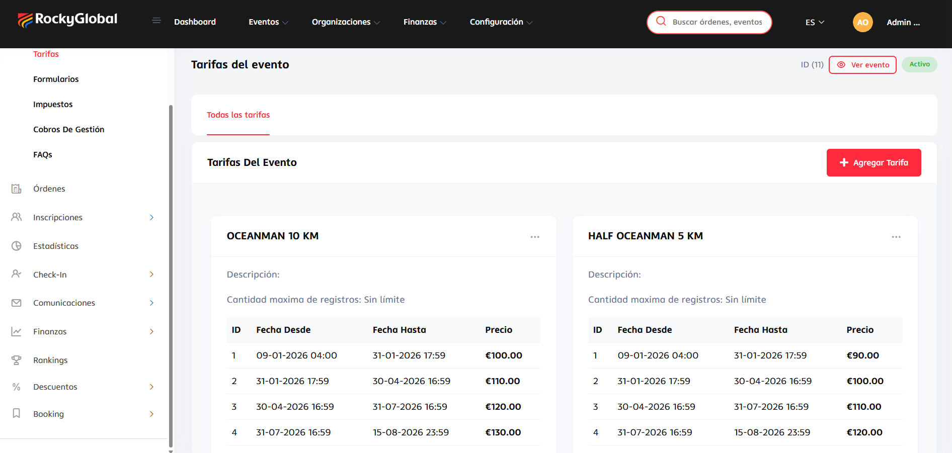 Listado de tarifas configuradas para un evento, con sus tramos de fecha y precio
