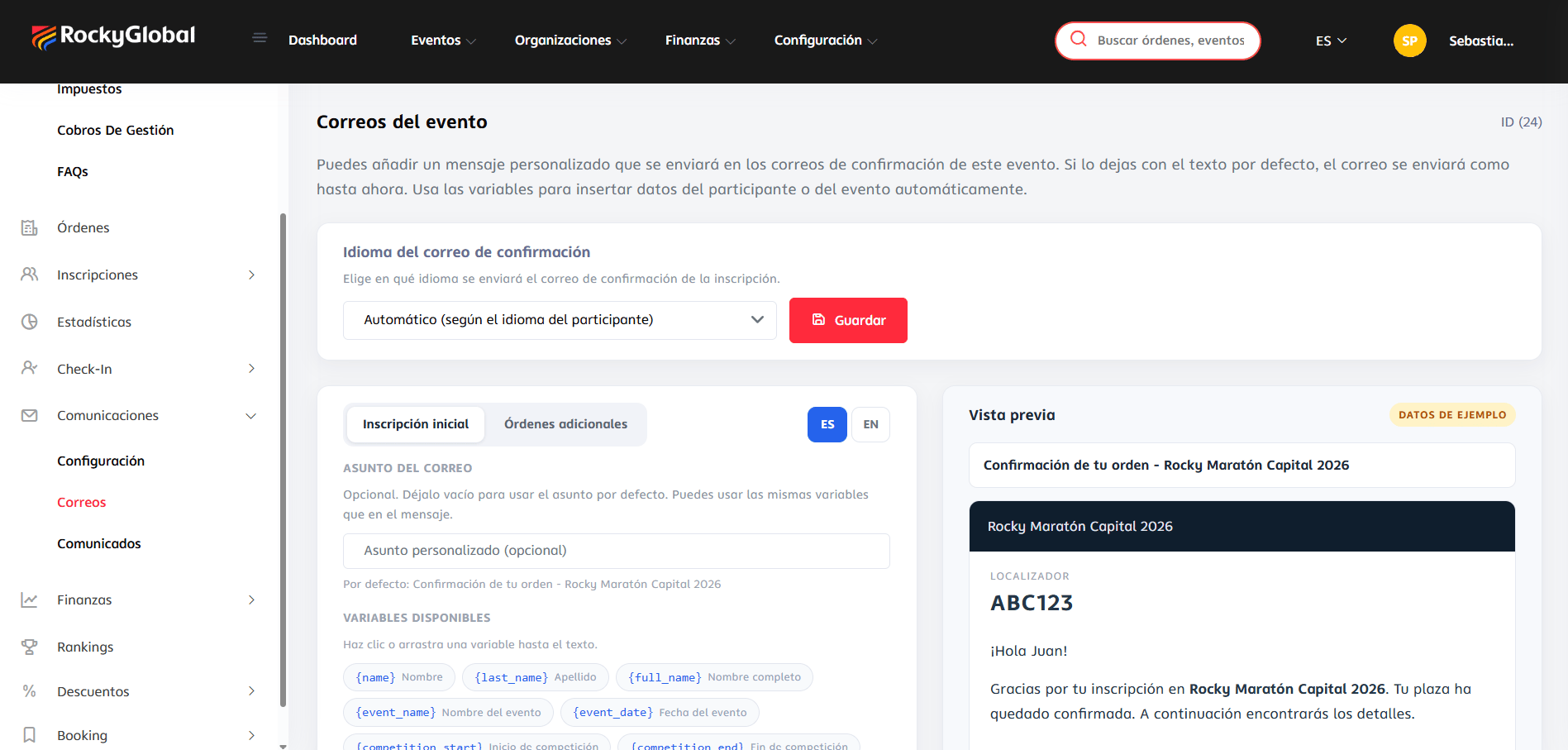 The "Communications → Emails" screen with available variables and live preview