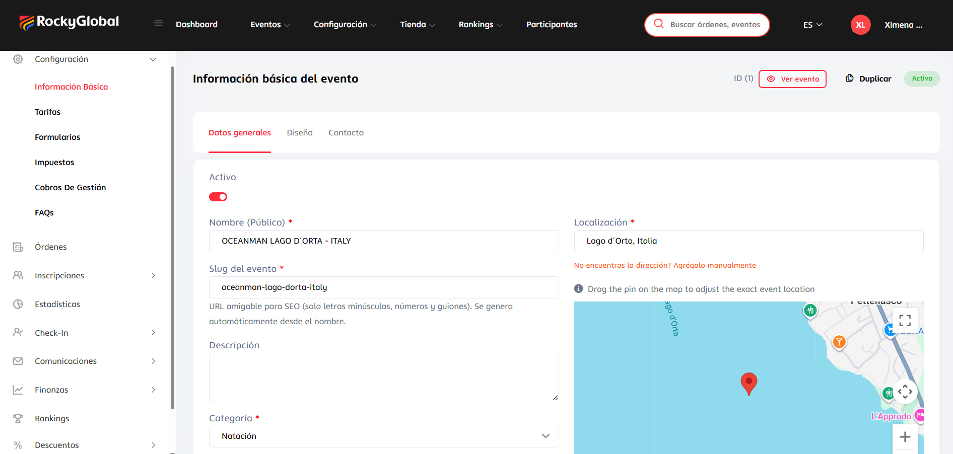 Panel de Información Básica del evento con pestañas Datos generales, Diseño y Contacto