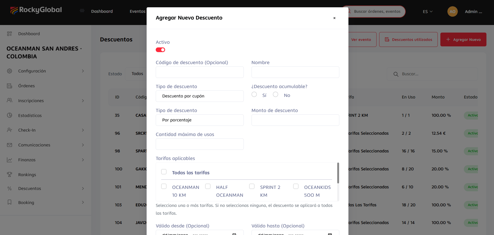 Modal "Agregar Nuevo Descuento" con tipo, monto, tarifas aplicables y vigencia