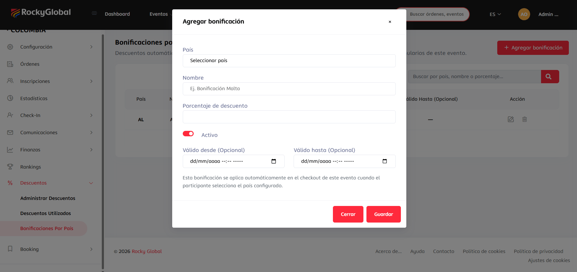 The "Add bonus" modal by country
