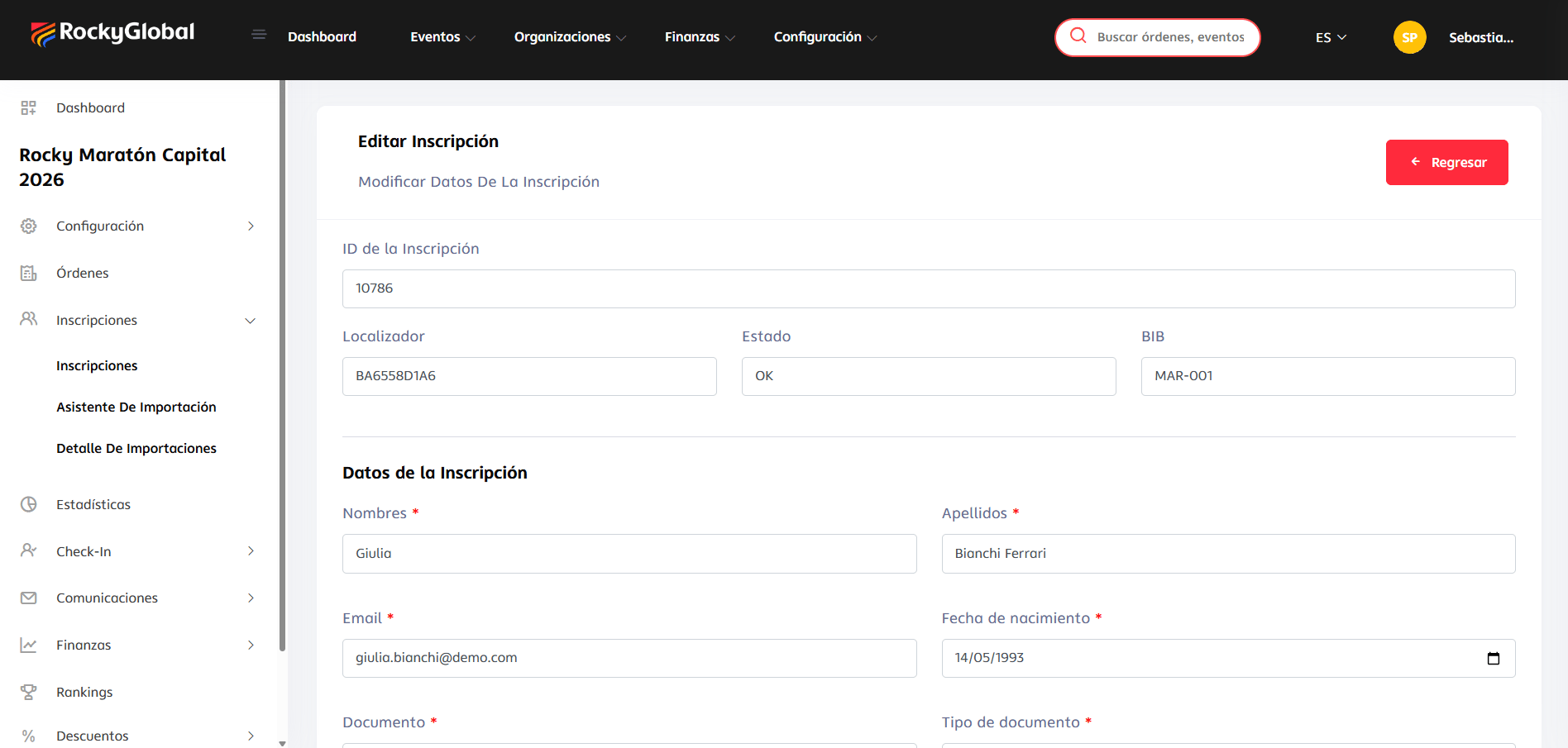 Pantalla "Editar Inscripción" con ID, localizador, estado, BIB y datos personales