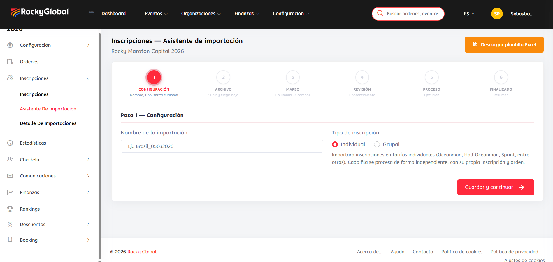 Paso 1 del asistente de importación: configuración con tipo Individual/Grupal