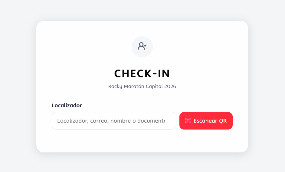 Pantalla de check-in con campo de búsqueda y botón "Escanear QR"