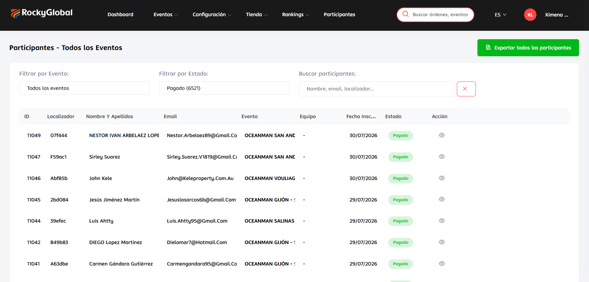 The "Participants - All Events" screen with filters and cross-event listing