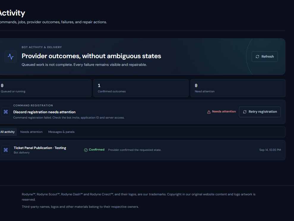 Rodyne Activity page used to diagnose background work