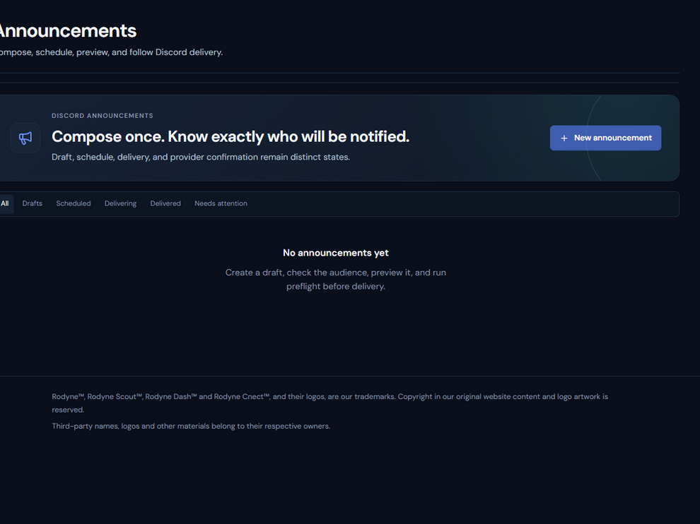 Rodyne Announcements page with drafts and delivery controls