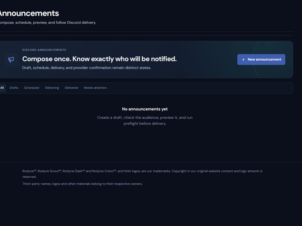 Rodyne Announcements page with drafts and delivery controls