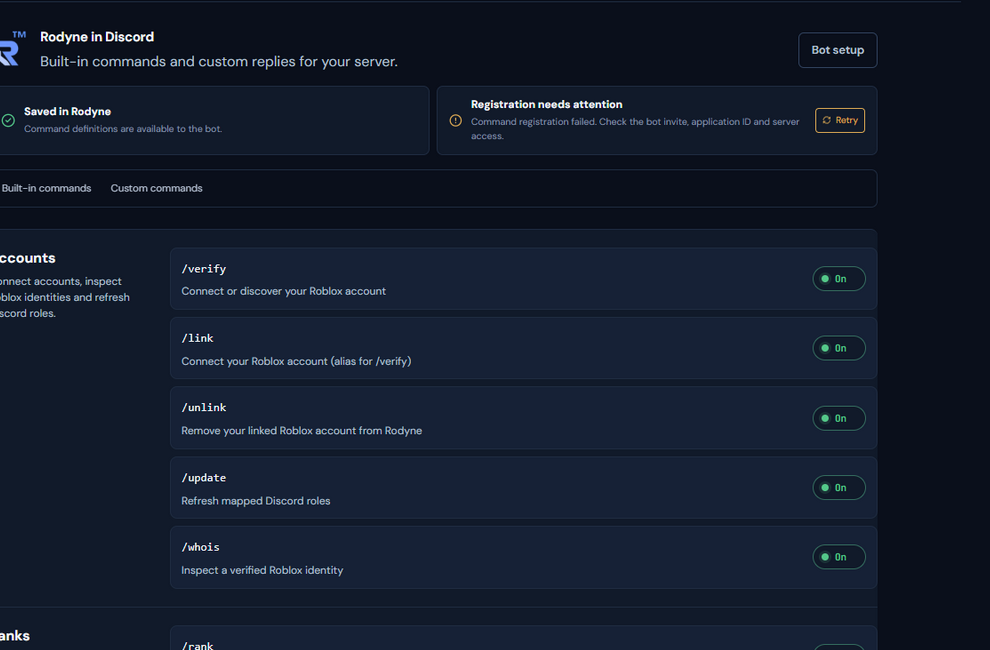 Rodyne Commands page with built-in command controls