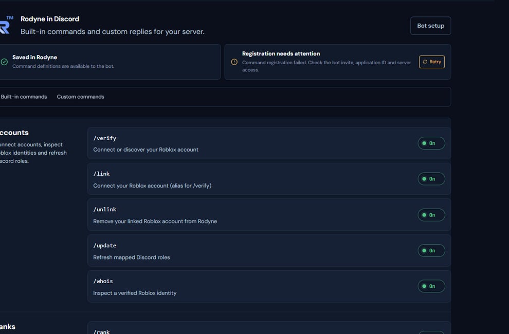 Rodyne Commands page with built-in command controls