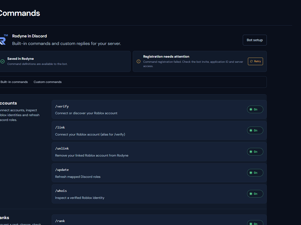 Rodyne Commands catalog for the connected Discord server