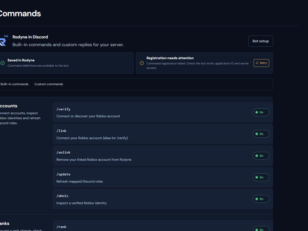 Rodyne Commands catalog for the connected Discord server