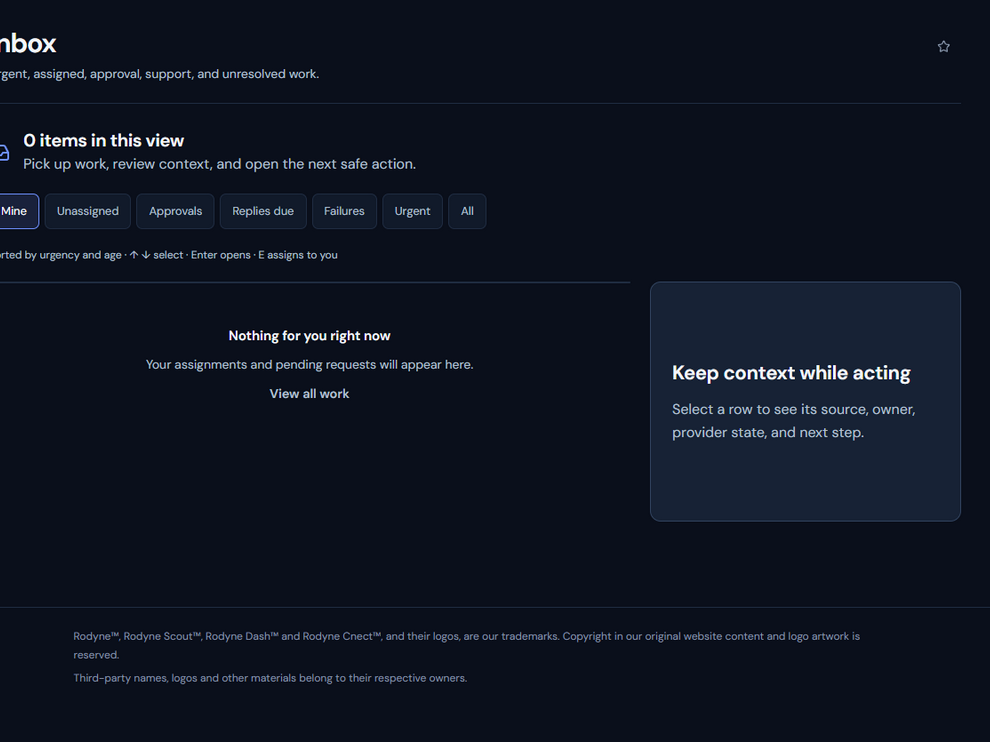 Rodyne Community Management inbox with operational queues