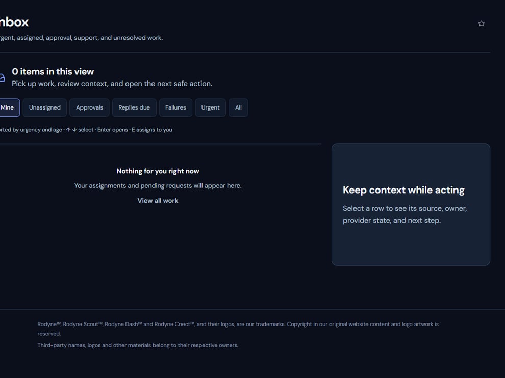 Rodyne Community Management inbox with operational queues