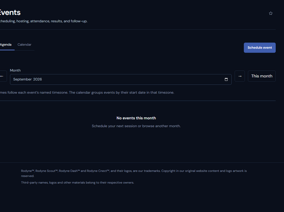 Rodyne Events page for schedules, attendance, and results
