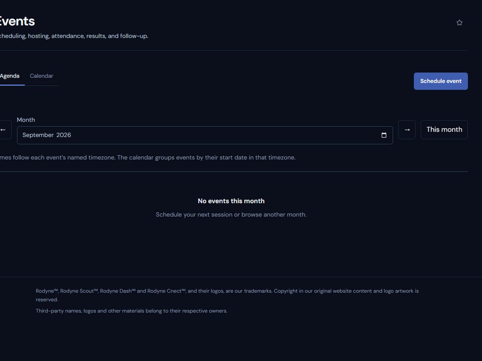 Rodyne Events page for schedules, attendance, and results