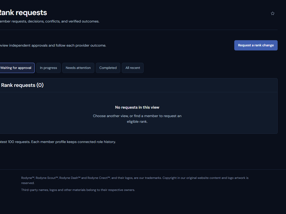Rodyne rank request queue with approval and execution status