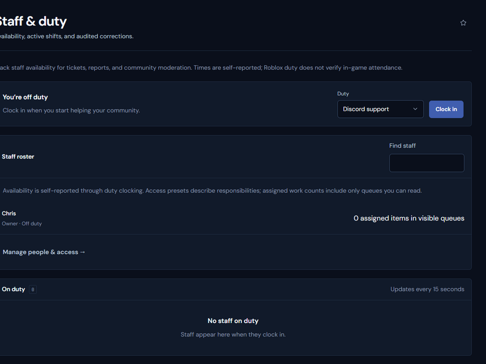 Rodyne Staff and duty page with availability and shift controls