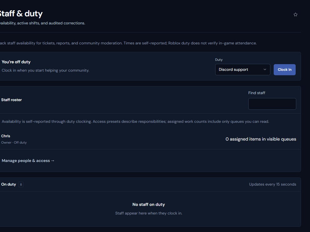 Rodyne Staff and duty page with availability and shift controls
