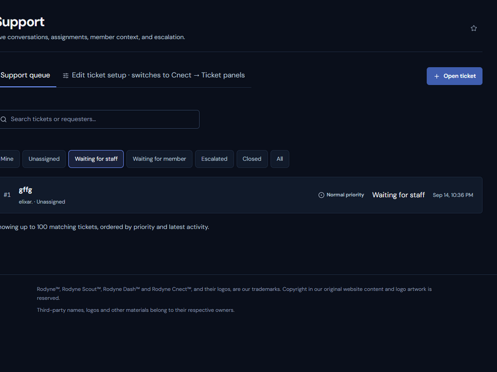 Rodyne Support queue for Discord-backed tickets
