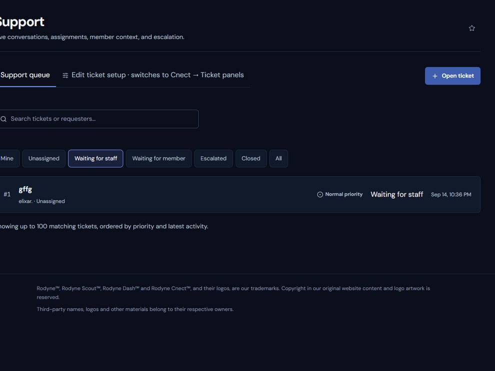 Rodyne Support queue for Discord-backed tickets