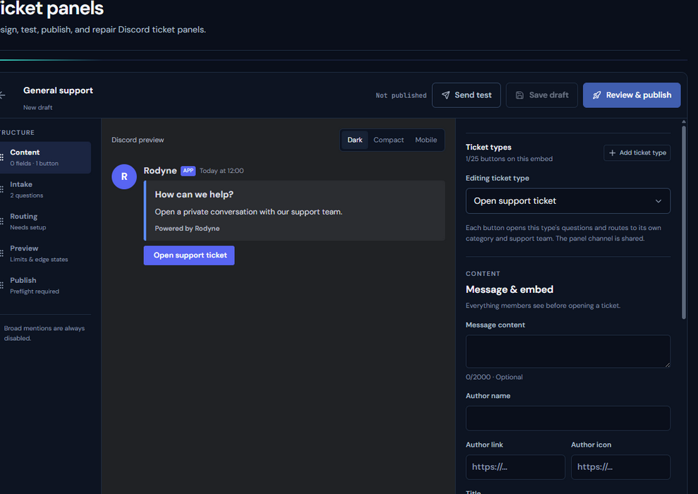 Rodyne ticket panel builder with live Discord-style preview