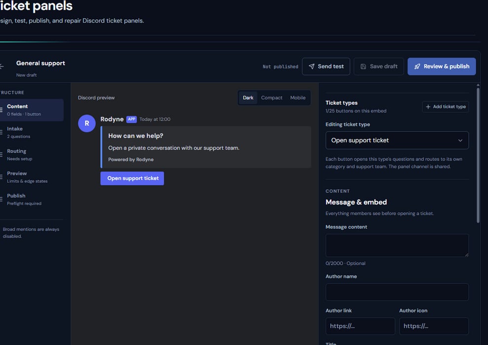 Rodyne ticket panel builder with live Discord-style preview