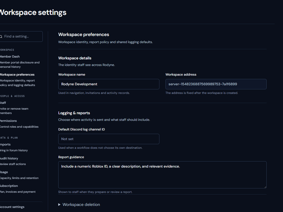 Rodyne workspace settings for a connected community