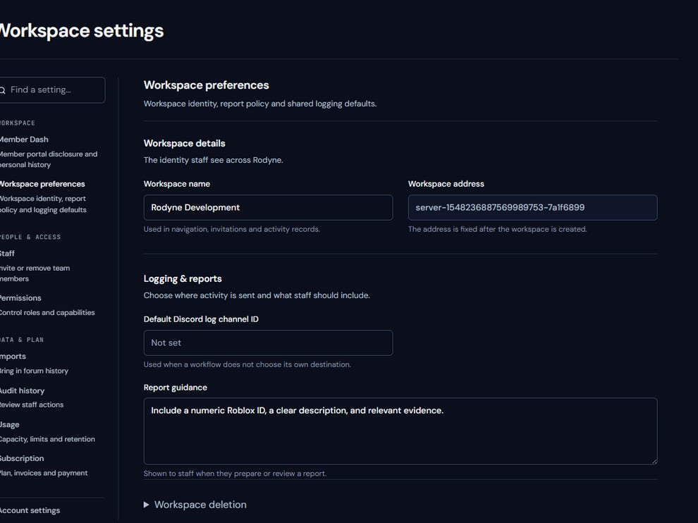 Rodyne workspace settings for a connected community