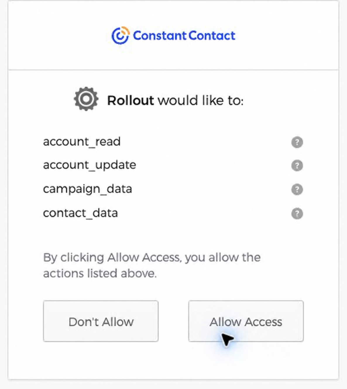 Constant Contact authorization screen identifying Rollout, listing the requested access, and showing the Allow Access button