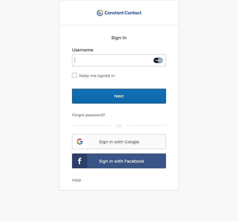 Constant Contact sign-in page with the Username field and Next button
